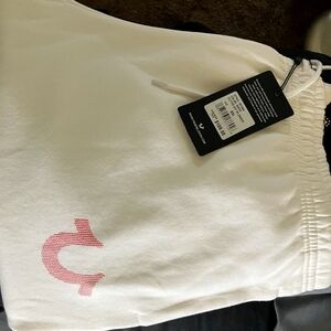 White True Religion Sweatpants with Pink Logo